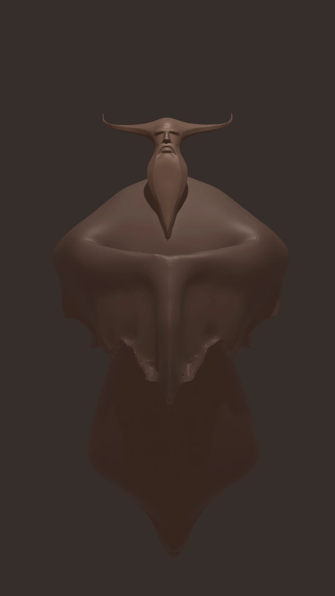 A stylized figure with sweeping horns and a long beard