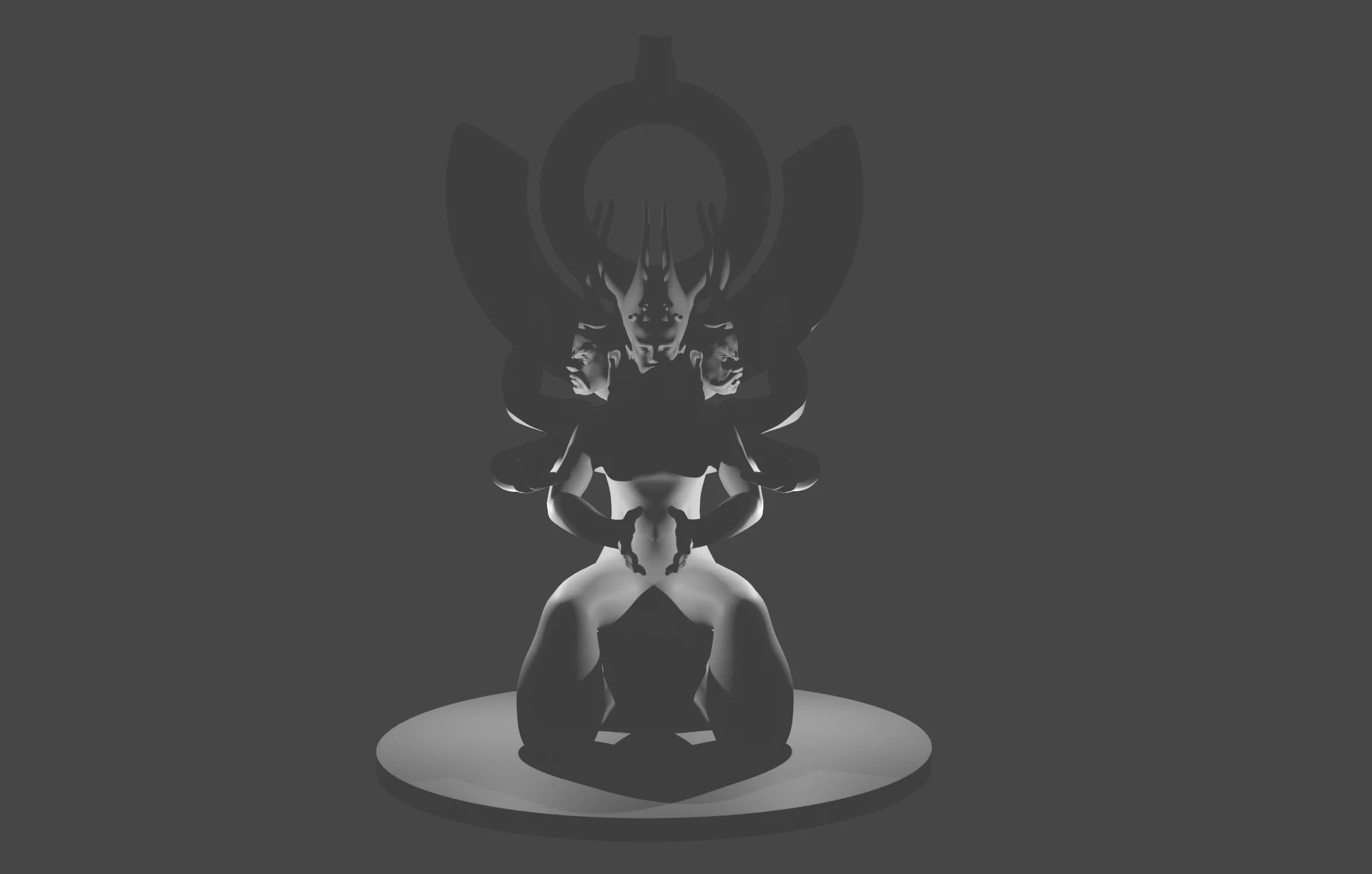 Dark sculptural visualization of seated Chiyou with a circular structure behind him