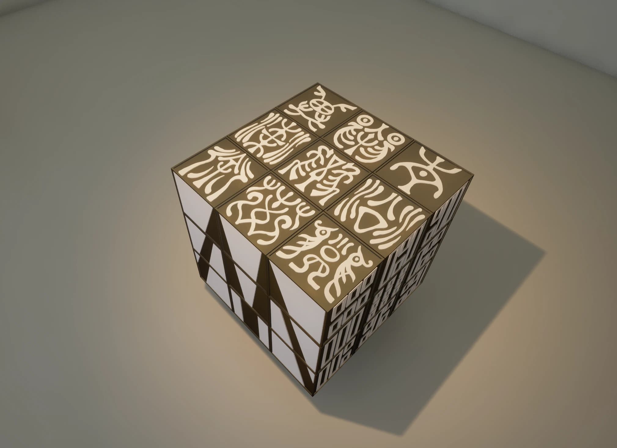 Cube visualization with script panels on top and geometric side structures