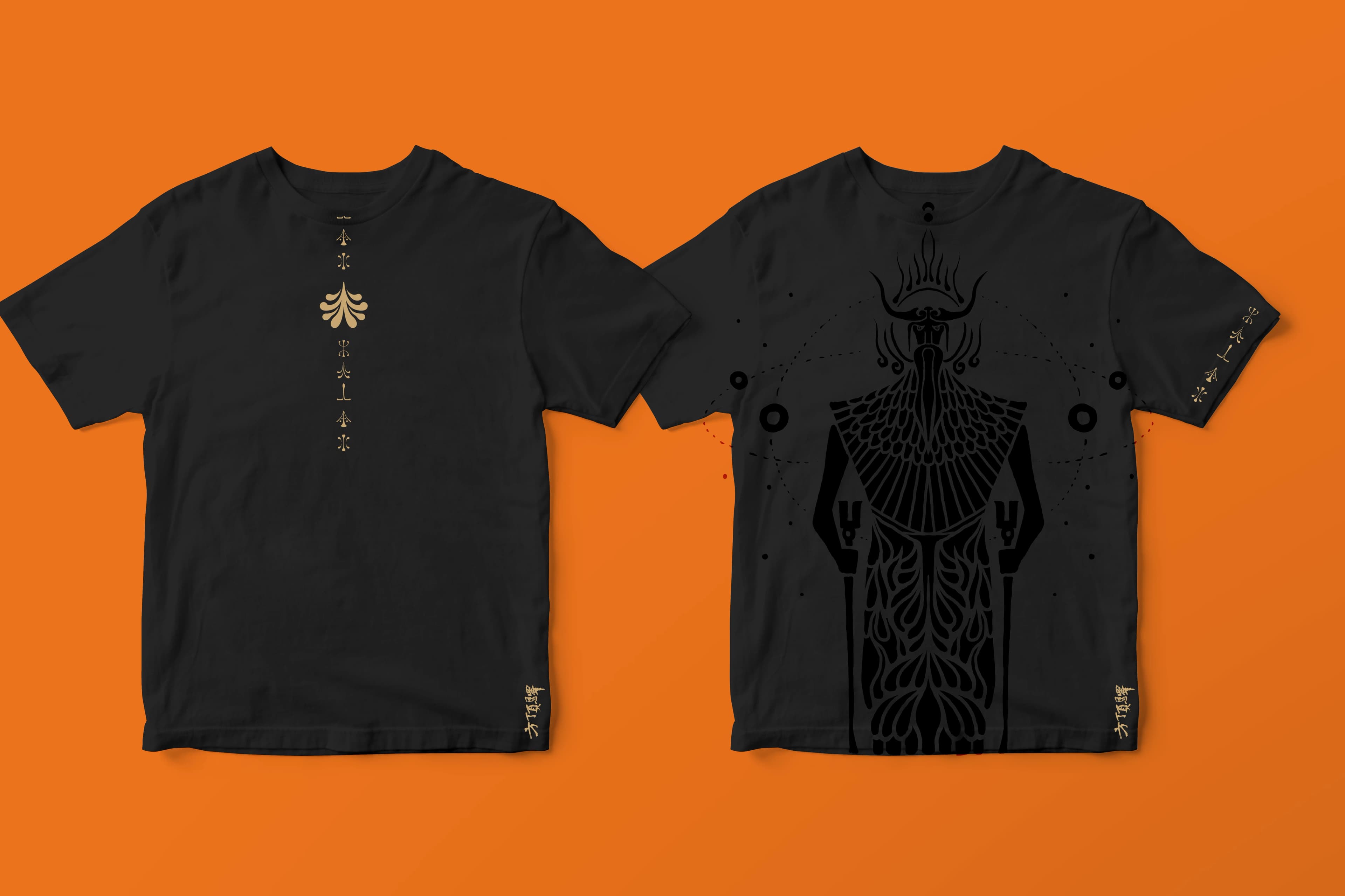 Front and back designs of a black Yan Di T-shirt