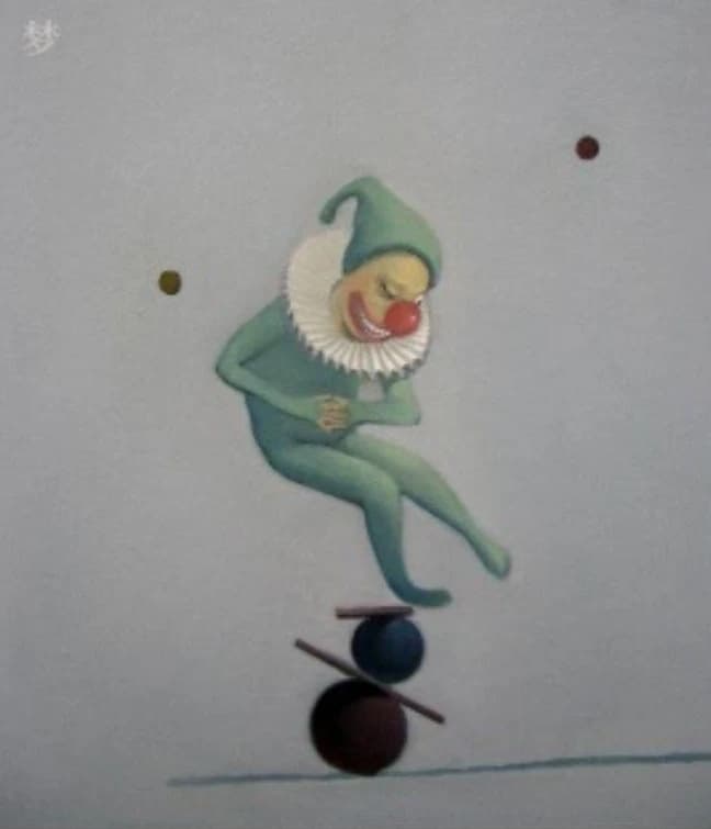 Dream, a balancing figure above rounded forms