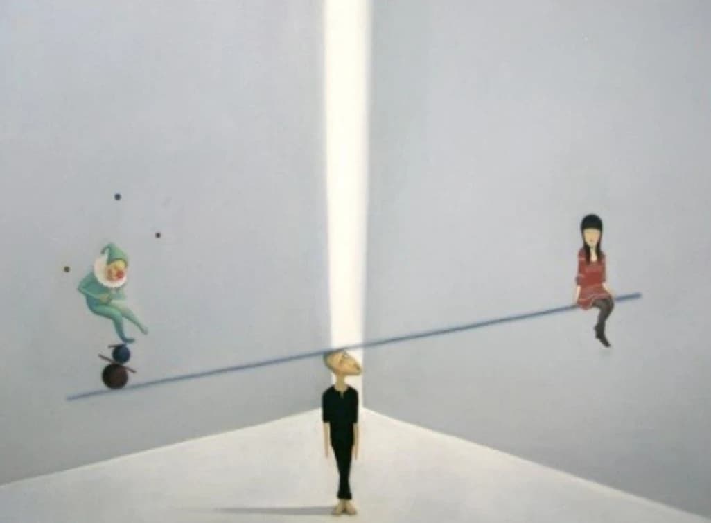 A balancing composition of figures and a horizontal bar